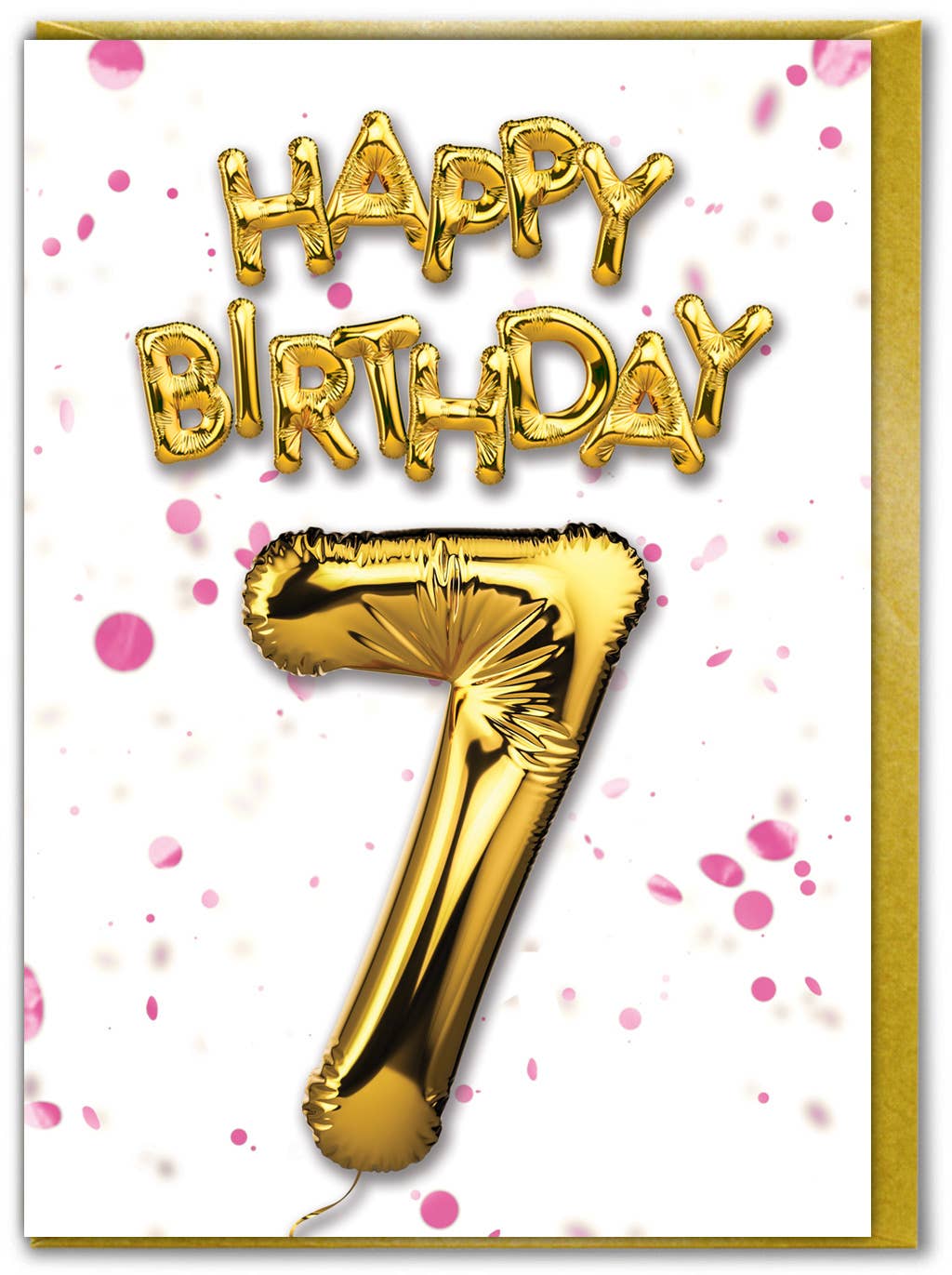 7th Birthday - Gold Balloon - Pink Confetti Greetings Card