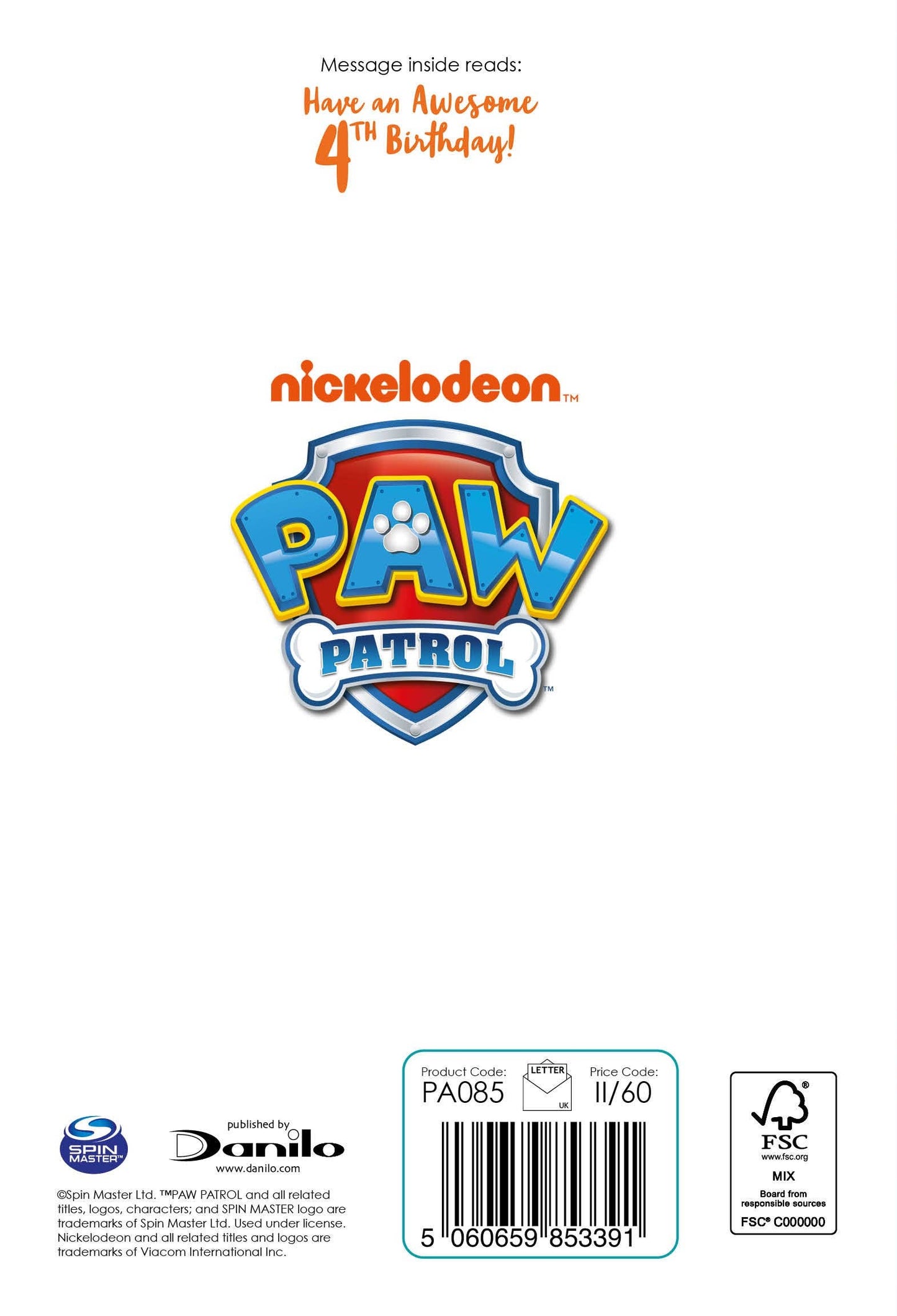 Paw Patrol Age 4 Birthday Card