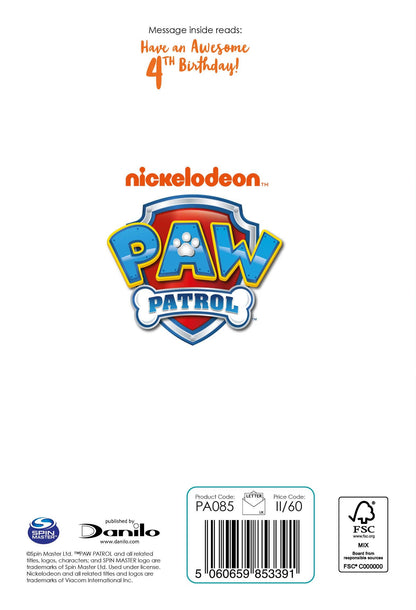 Paw Patrol Age 4 Birthday Card