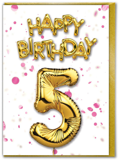 Sale 5th Birthday - Gold Balloon - Pink Confetti