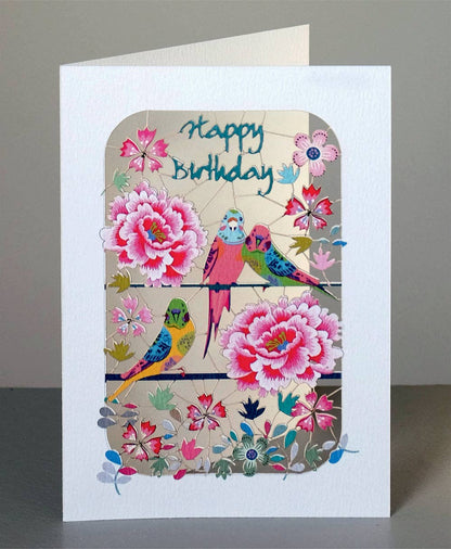Budgies & Peonies Happy Birthday Card