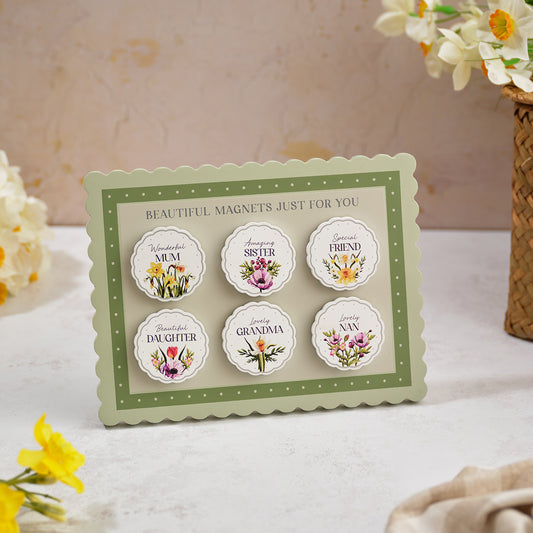 FLORAL SERENADE SCALLOPED WOOD FAMILY MAGNET 6 ASST