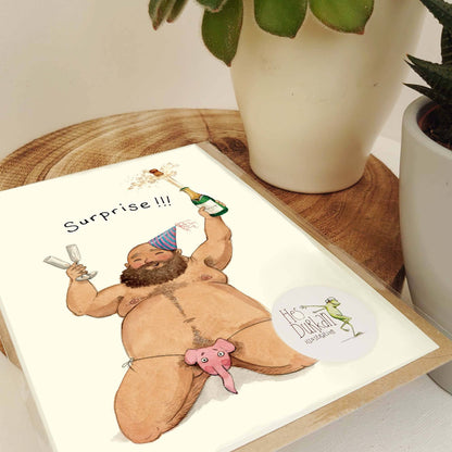 Surprise birthday card, sexy chubby man greeting card