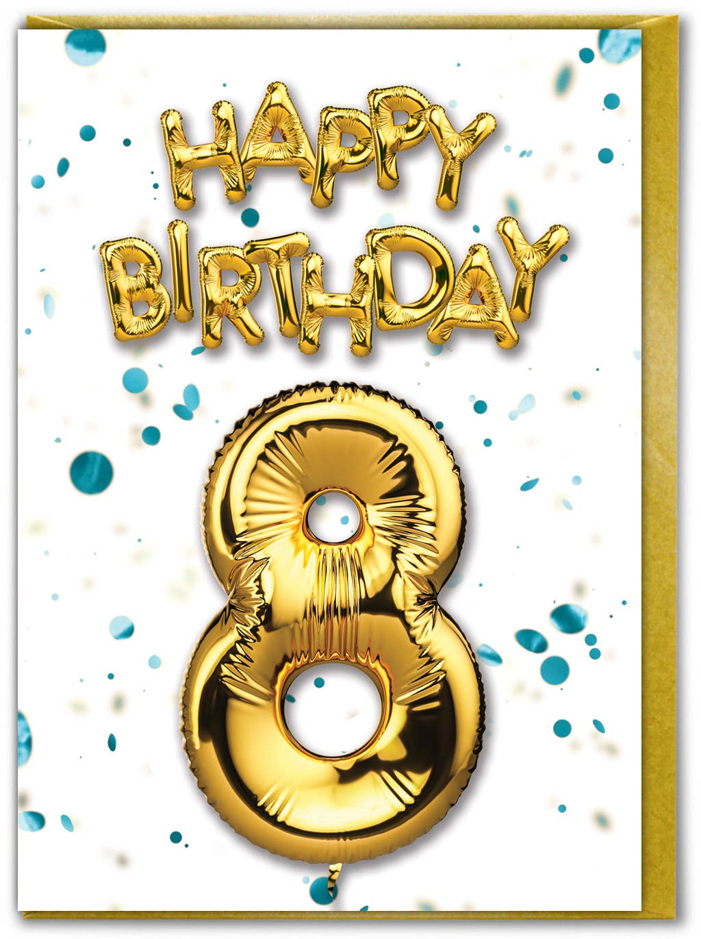 8th Birthday - Gold Balloon - Blue Confetti Greetings Card