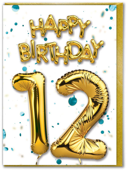 12th Birthday Card - Gold Balloon Greetings Card