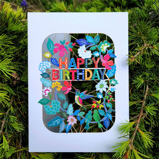 Happy Birthday Card with Humming Bird and Foliage