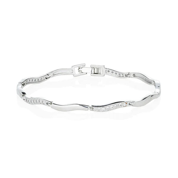 Silver Wavey Plain And Pave Set Link Bracelet