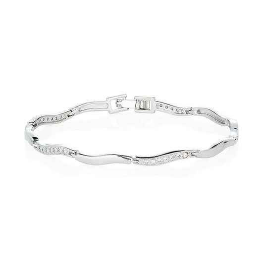 Silver Wavey Plain And Pave Set Link Bracelet