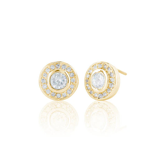 Single Stone Rubover Stud Earrings With Channel Set Surround In Yellow Gold