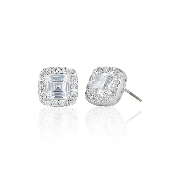 Cushion Single Stone Stud Earrings With Surround