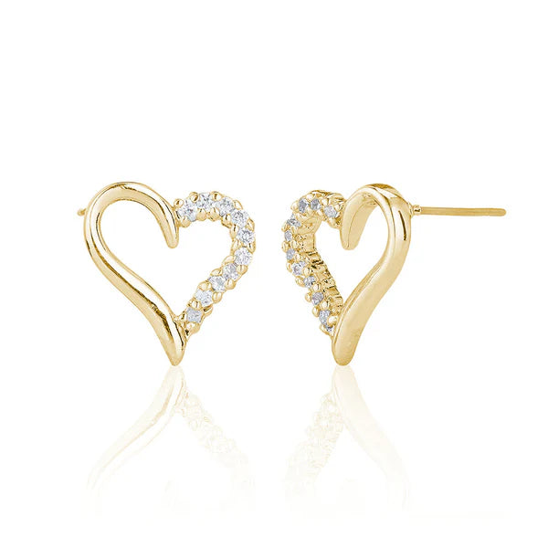 Heart Stud Earrings With Half Claw Set In Yellow Gold