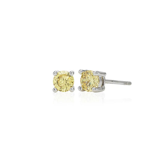 Yellow Four Claw 4mm Solitaire Rhodium Plated Stud Earrings