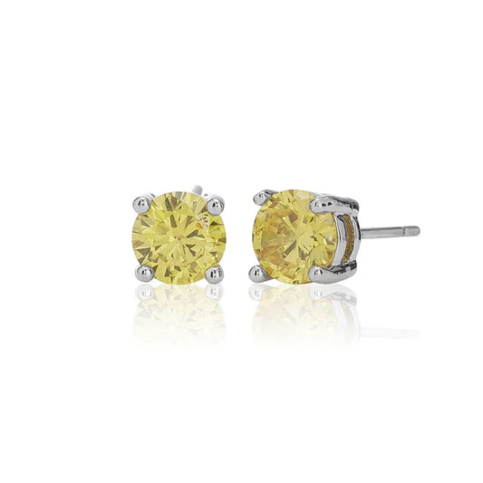 Yellow Four Claw 6mm Solitaire Rhodium-Plated Stud Earrings