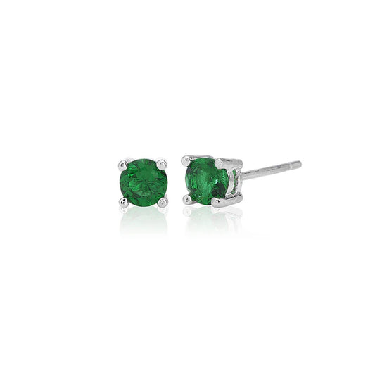Green Four Claw 4mm Solitaire Rhodium Plated Stud Earrings