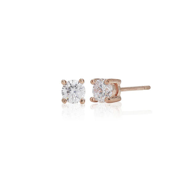 White Four Claw 6mm Solitaire Rose Gold Plated Stud Earrings