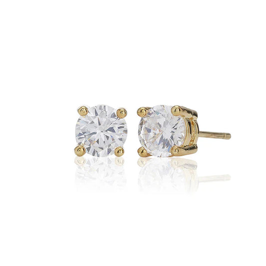 White Four Claw 6mm Solitaire Yellow Gold Plated stud Earrings