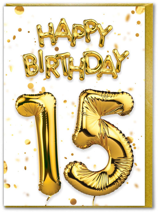 15th Birthday Card - Gold Balloon Greetings Card