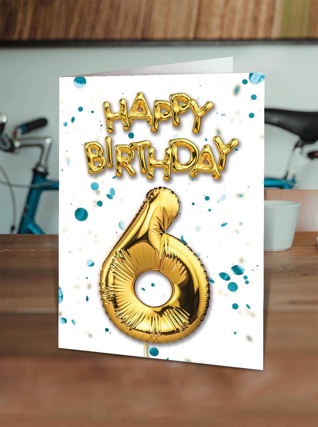 6th Birthday - Gold Balloon - Blue Confetti Greetings Card
