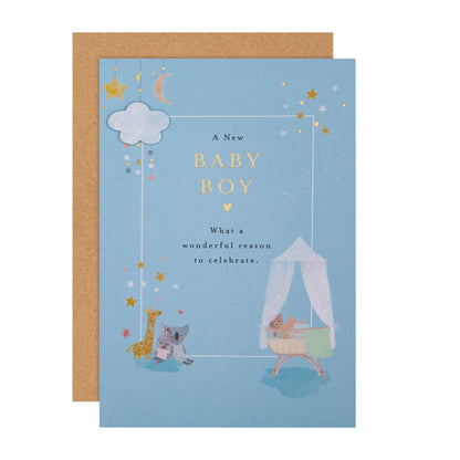 Lucy Cromwell Baby Boy Card with Crib & Toy Animals Design