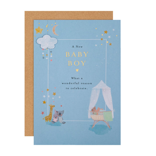 Lucy Cromwell Baby Boy Card with Crib & Toy Animals Design