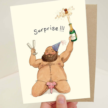 Surprise birthday card, sexy chubby man greeting card