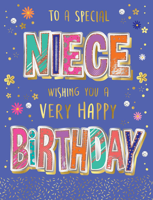 Birthday Card, Niece, Flowers On Purple