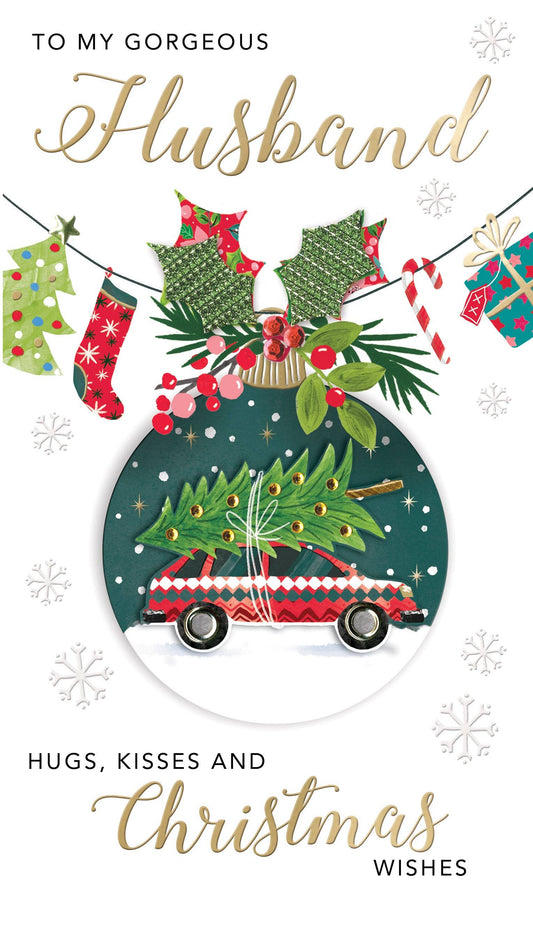 Husband -Bauble Car- Christmas Card -Champagne-Second Nature