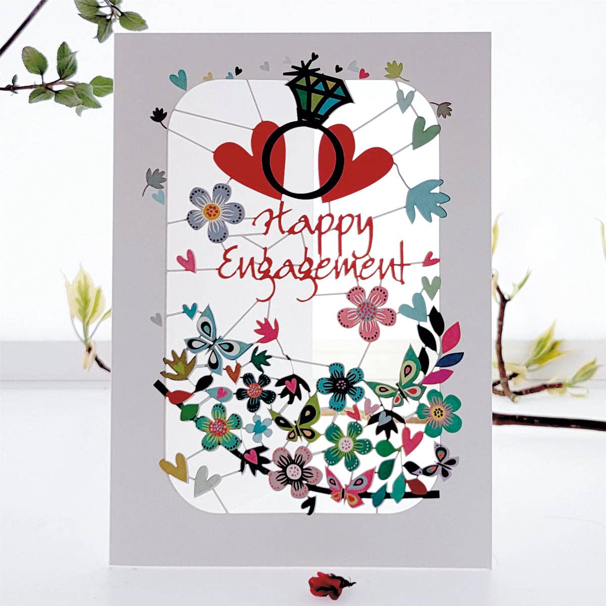 Happy Engagement with Hearts and Engagement Ring Card