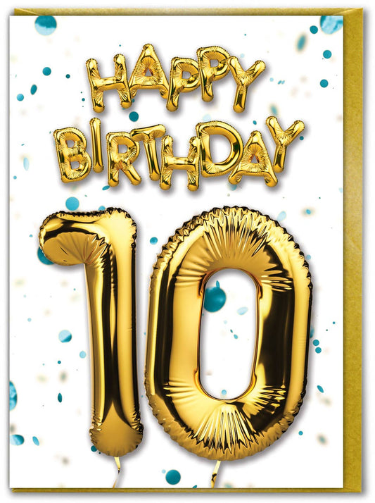 10th Birthday - Gold Balloon - Blue Confetti Greetings Card