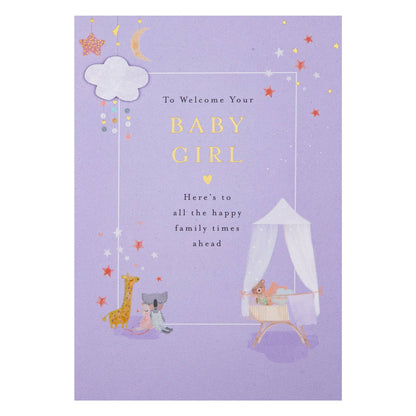 Lucy Cromwell Baby Girl Card with Crib & Toy Animals Design