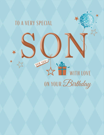 Birthday Card, Son, Gift & Balloon On Blue