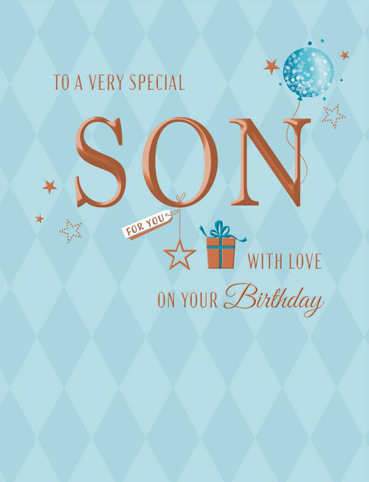 Birthday Card, Son, Gift & Balloon On Blue