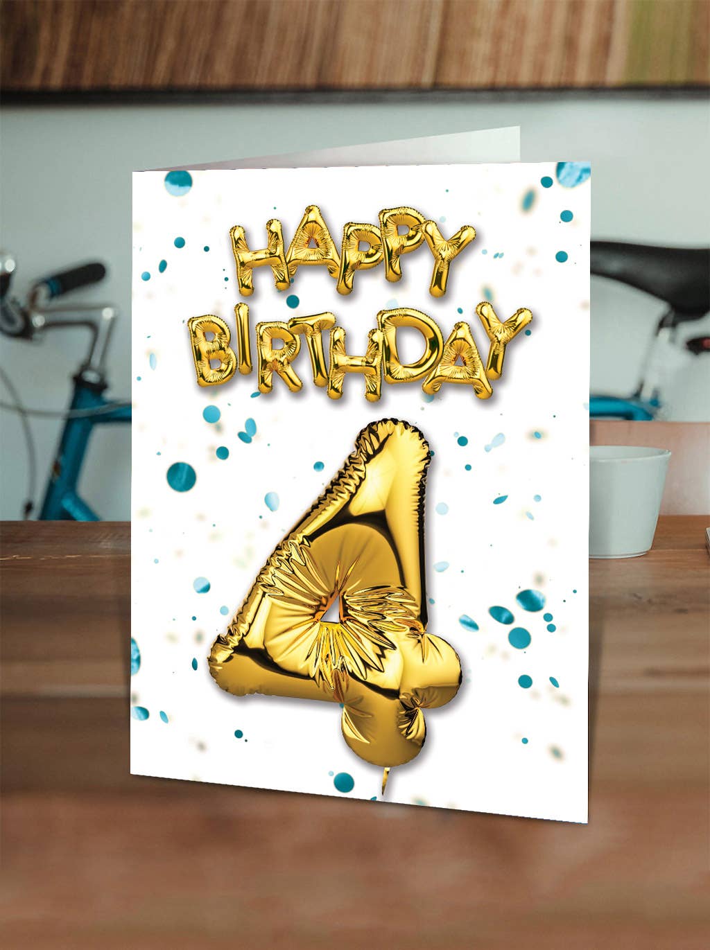 Sale 4th Birthday - Gold Balloon - Blue Confetti