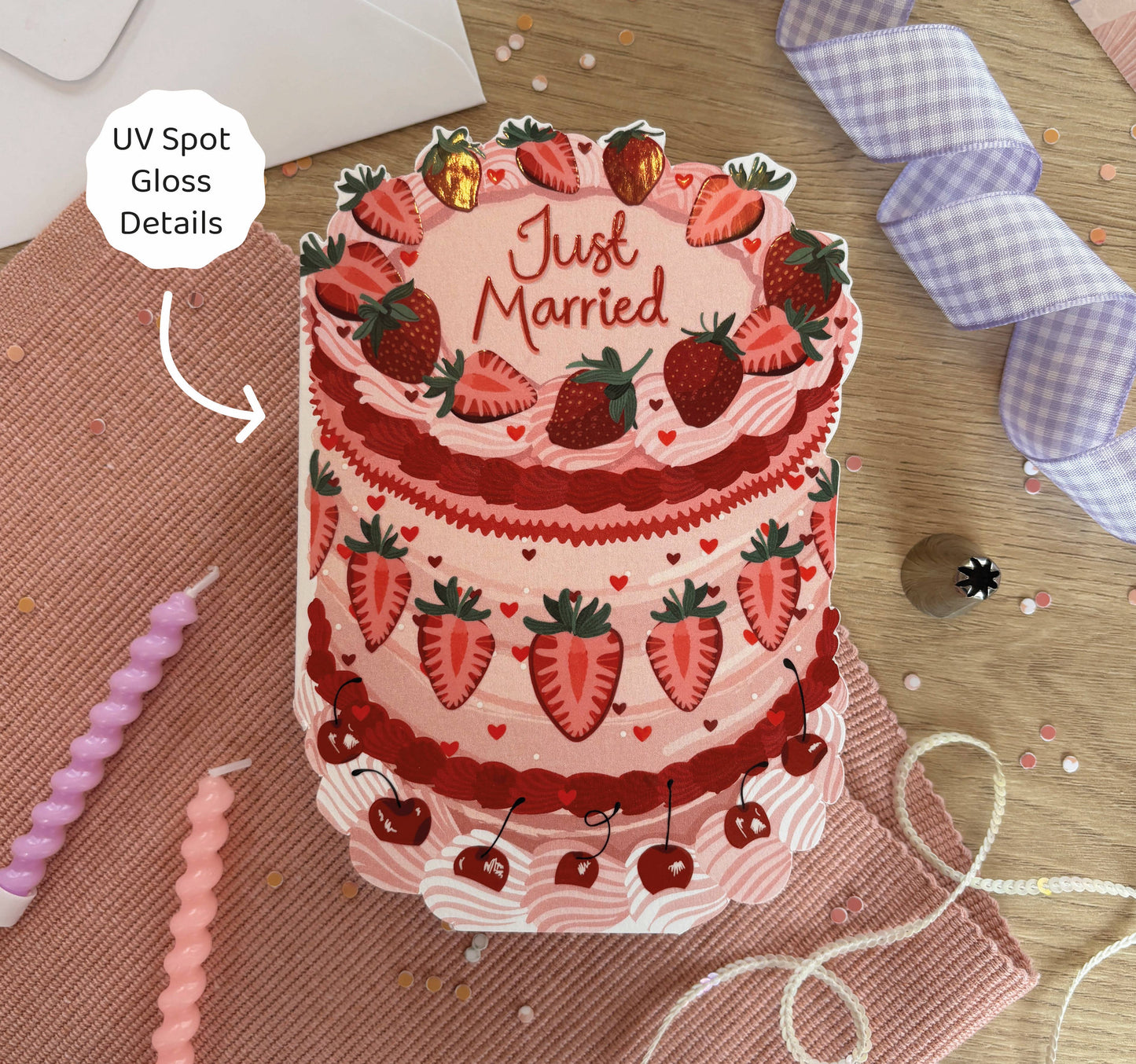 Just Married - Strawberry Wedding Cake Shaped Greeting Card