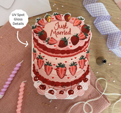 Just Married - Strawberry Wedding Cake Shaped Greeting Card