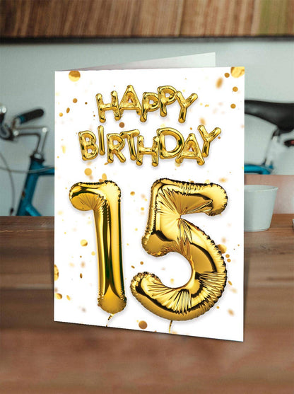 15th Birthday Card - Gold Balloon Greetings Card