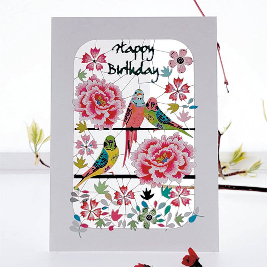 Budgies & Peonies Happy Birthday Card