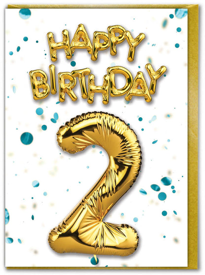 2nd Birthday - Gold Balloon - Blue Confetti Greetings Card