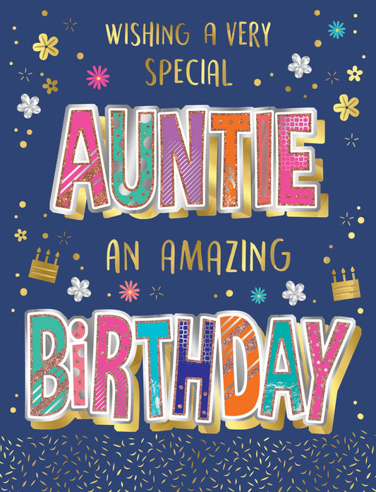Birthday Card, Auntie, Text On Navy