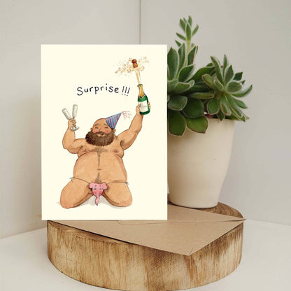 Surprise birthday card, sexy chubby man greeting card