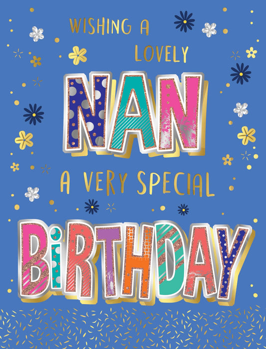 Birthday Card, Nan, Flowers On Blue