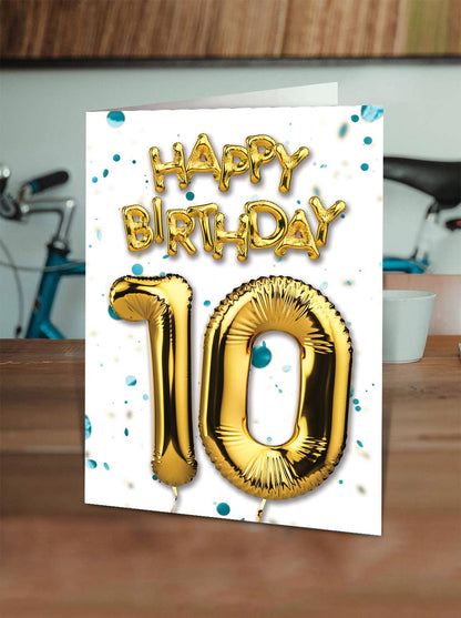 10th Birthday - Gold Balloon - Blue Confetti Greetings Card