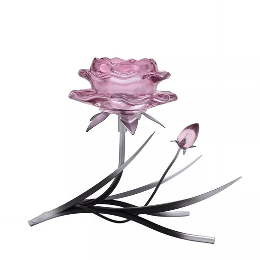 Hestia Pink Glass Rose Single Candle Holder With 2 Tone Black And Silver Base