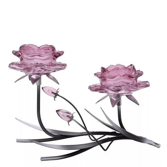 Hestia Pink Glass Rose 2 Stem Candle Holder With 2 Tone Black And Silver Base