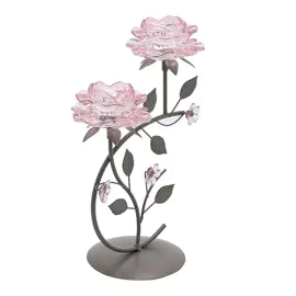 Hestia Pink Glass Rose 2 Stem Candle Holder On Taupe Base