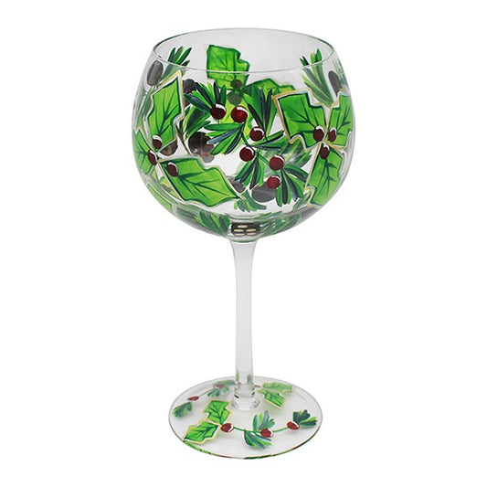 Handpainted Gin Glass Holly Green