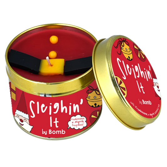 Sleighin' It Tin candle