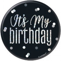 3IN BLACK GLITZ BIRTHDAY BADGE