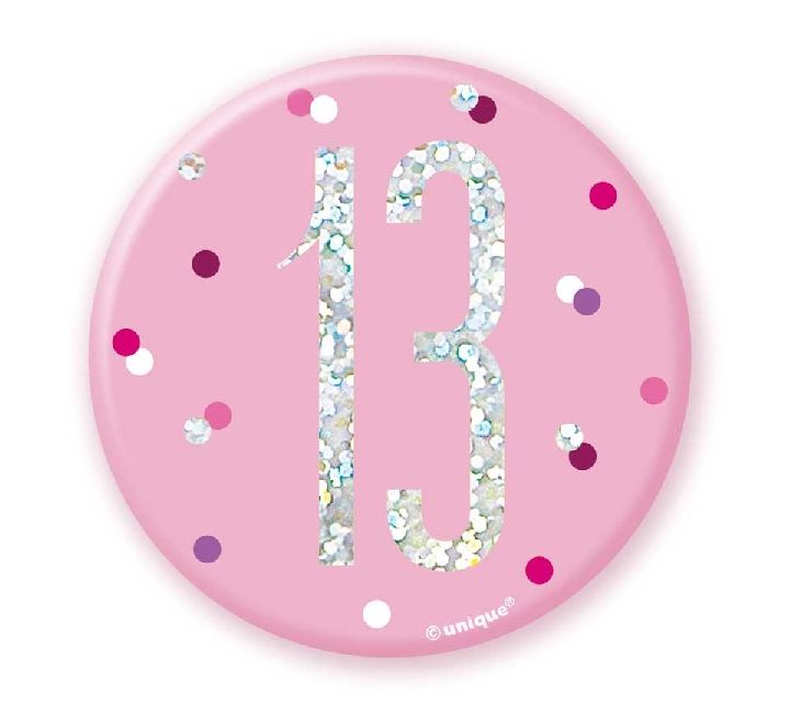 3IN PINK GLITZ 13 BADGE