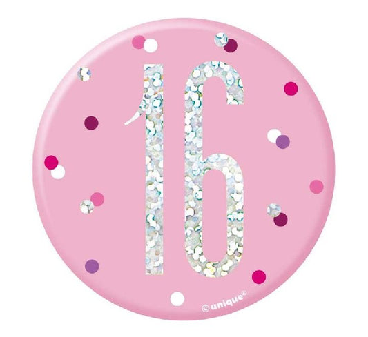 3IN PINK GLITZ 16 BADGE